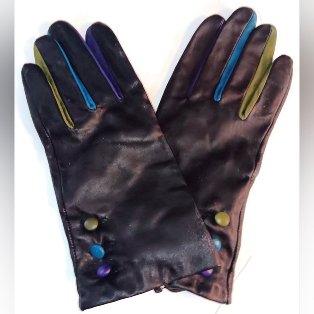 NEW-WOMEN'S 3 BUTTON CUFF BLACK LEATHER COLOR TRIM GLOVES, Medium